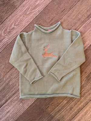A Soft Idea Roll Neck Sweater in Sage with Reindeer