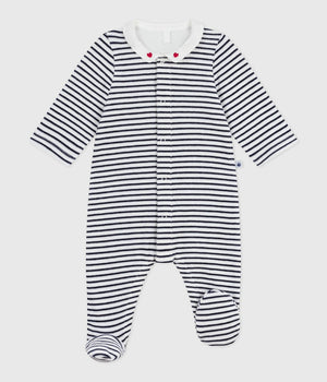 Petit Bateau Velour Snap Footie with Collar in Navy Stripe