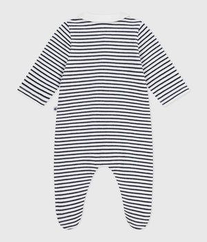 Petit Bateau Velour Snap Footie with Collar in Navy Stripe