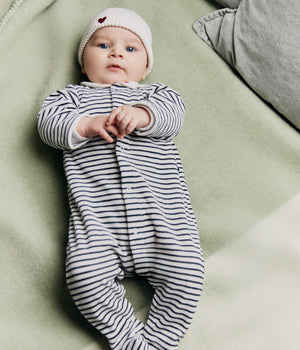 Petit Bateau Velour Snap Footie with Collar in Navy Stripe