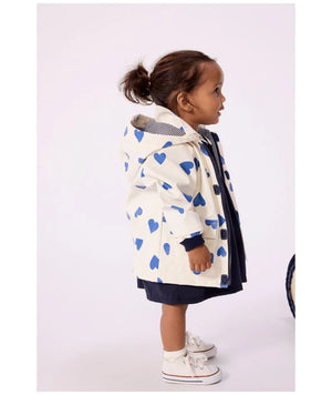 Petit Bateau Hooded Rain Jacket in Ecru/Blue Hearts