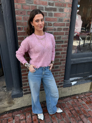 Autumn Cashmere Allover Pointelle Crew in Rose