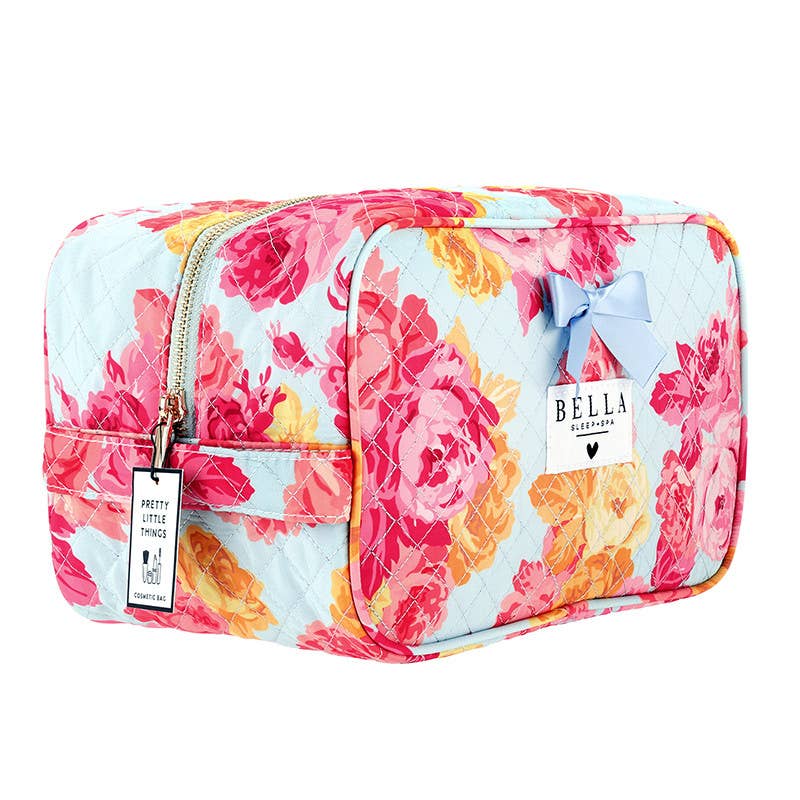 Bella Sleep Spa Quilted Cosmetic Bag in Blue + Rose Floral