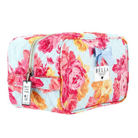 Bella Sleep Spa Quilted Cosmetic Bag in Blue + Rose Floral