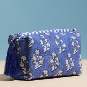 Frem Blue Quilted Floral Cosmetic Pouch – Zipper Makeup Bag with Tassel
