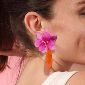 Michael Nash Jewelry Flora Fuchsia Resin Floral Clip On Earring With Orange Drop
