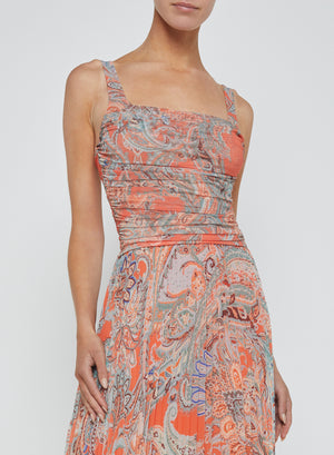 L'Agence Rasha Shirred Tank in Orange/Blue Paisley