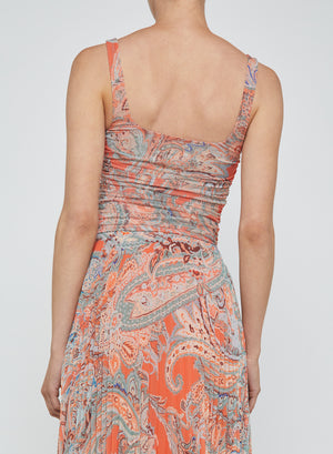 L'Agence Rasha Shirred Tank in Orange/Blue Paisley