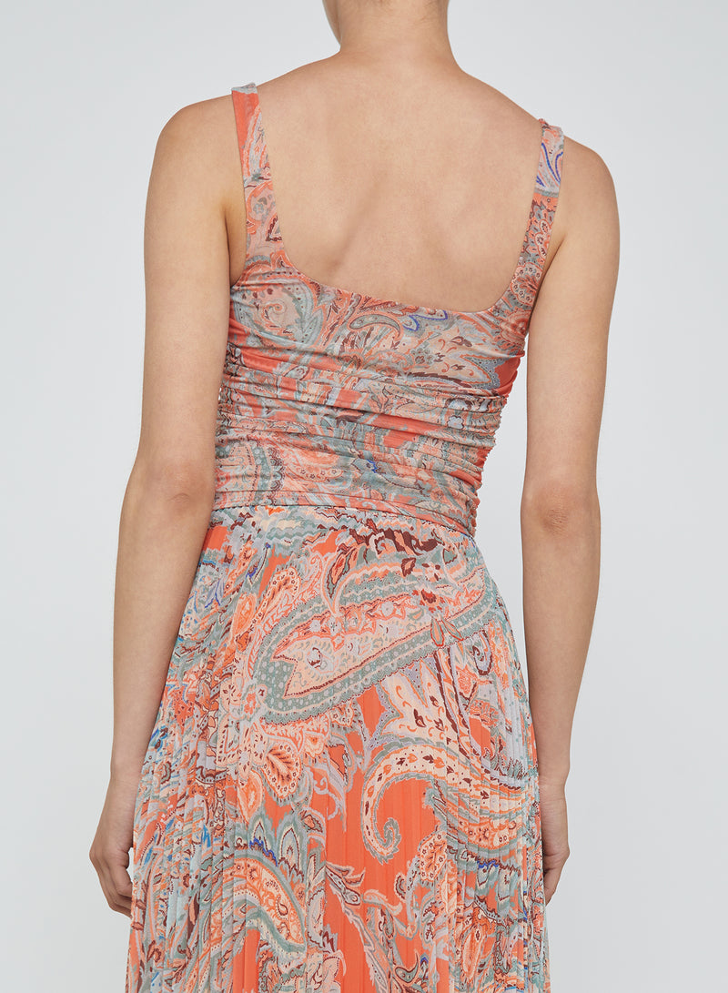 L'Agence Rasha Shirred Tank in Orange/Blue Paisley