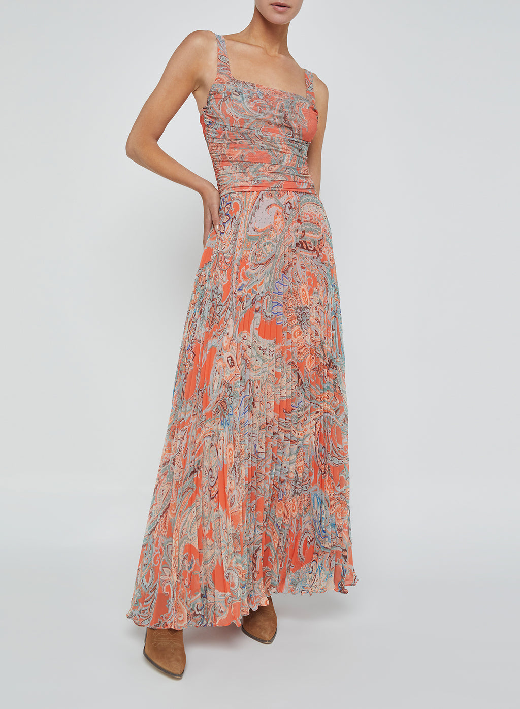 L'Agence Rasha Shirred Tank in Orange/Blue Paisley
