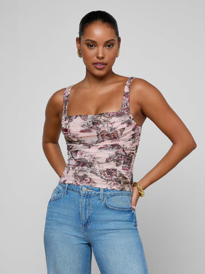L'Agence Rasha Shirred Tank in Nocturnal Pink Butterfly Jungle