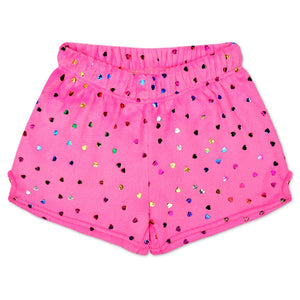 iscream Plush Shorts in Bright Pink Foil Hearts