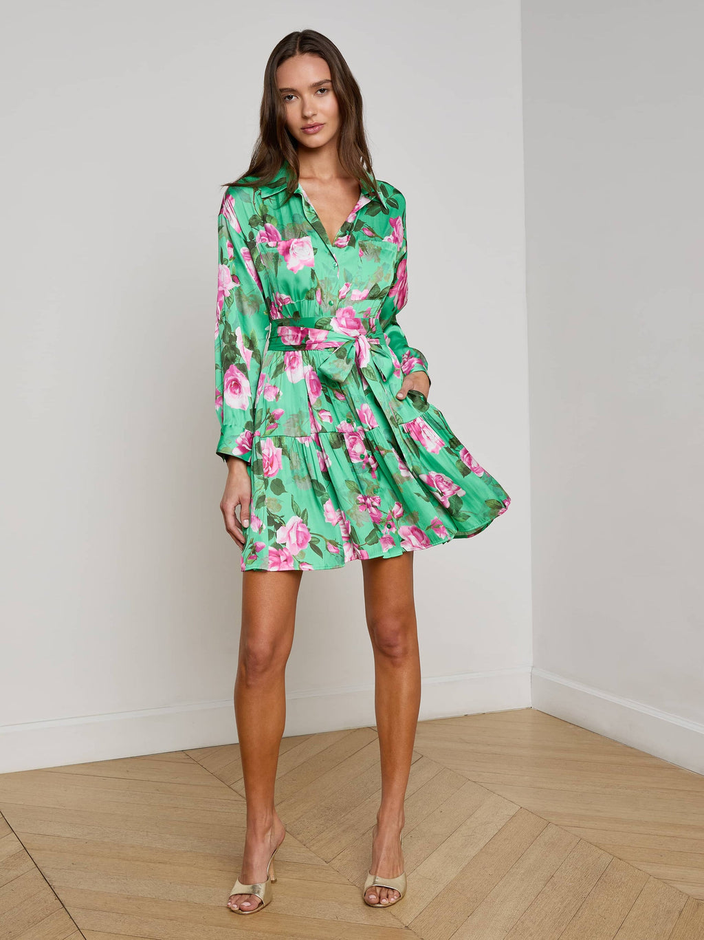L'Agence Virlen Tiered Shirt Dress in Green Multi Santa Fe