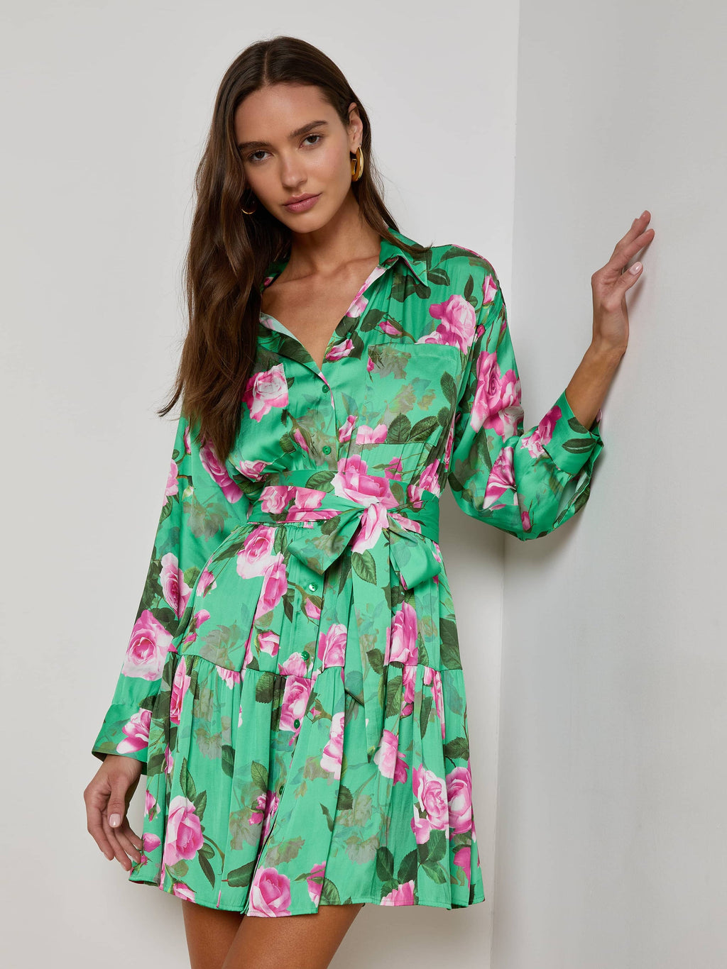 L'Agence Virlen Tiered Shirt Dress in Green Multi Santa Fe