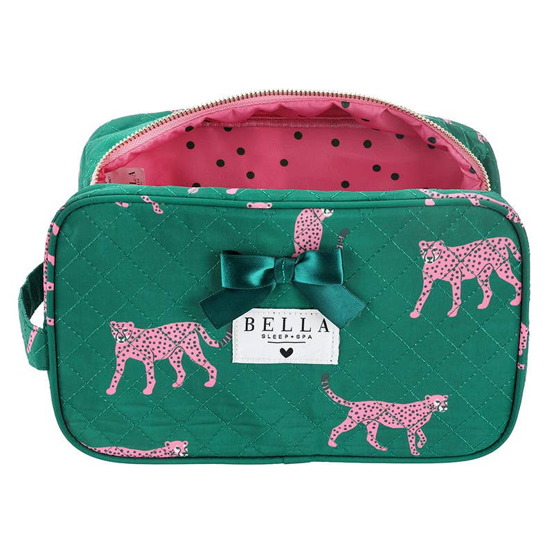 Bella Sleep Spa Quilted Cosmetic Bag in Green + Cheetahs