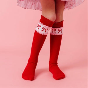 Little Stocking Co Red & Pink Bow Scalloped Knee High Socks