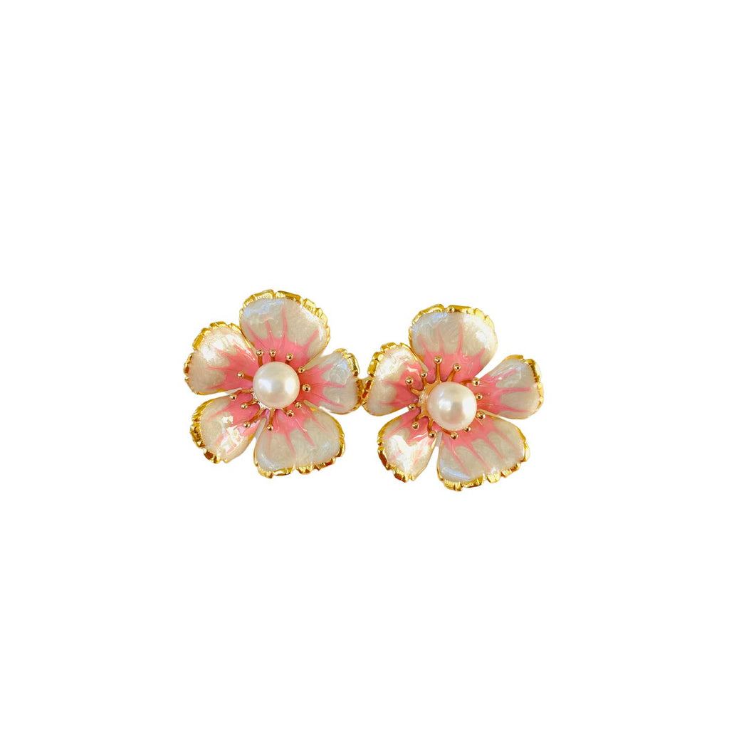 The Pink Reef Hand Painted Small Floral Stud in Pearl and Pink