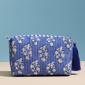 Frem Blue Quilted Floral Cosmetic Pouch – Zipper Makeup Bag with Tassel