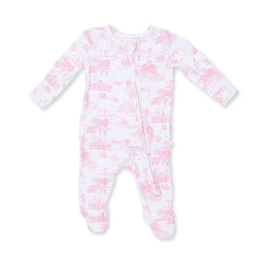 Angel Dear 2 Way Zipper Ruffle Back Footie in Pink Golf Toile