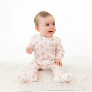 Angel Dear 2 Way Zipper Ruffle Back Footie in Rosebow Lattice