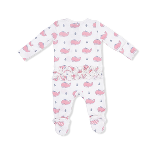 Angel Dear 2 Way Ruffle Back Zipper Footie in Bubbly Whale with Pink Bow
