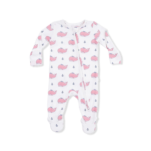 Angel Dear 2 Way Ruffle Back Zipper Footie in Bubbly Whale with Pink Bow