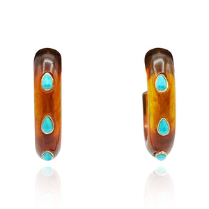 Michael Nash Jewelry Genevieve Tortoise Resin Hoop Earrings With Faceted Turquoise Glass Pear Stones