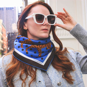 Jessie Zhao New York Double Sided Silk Scarf in Blue Leopards Garden