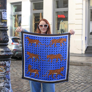 Jessie Zhao New York Double Sided Silk Scarf in Blue Leopards Garden
