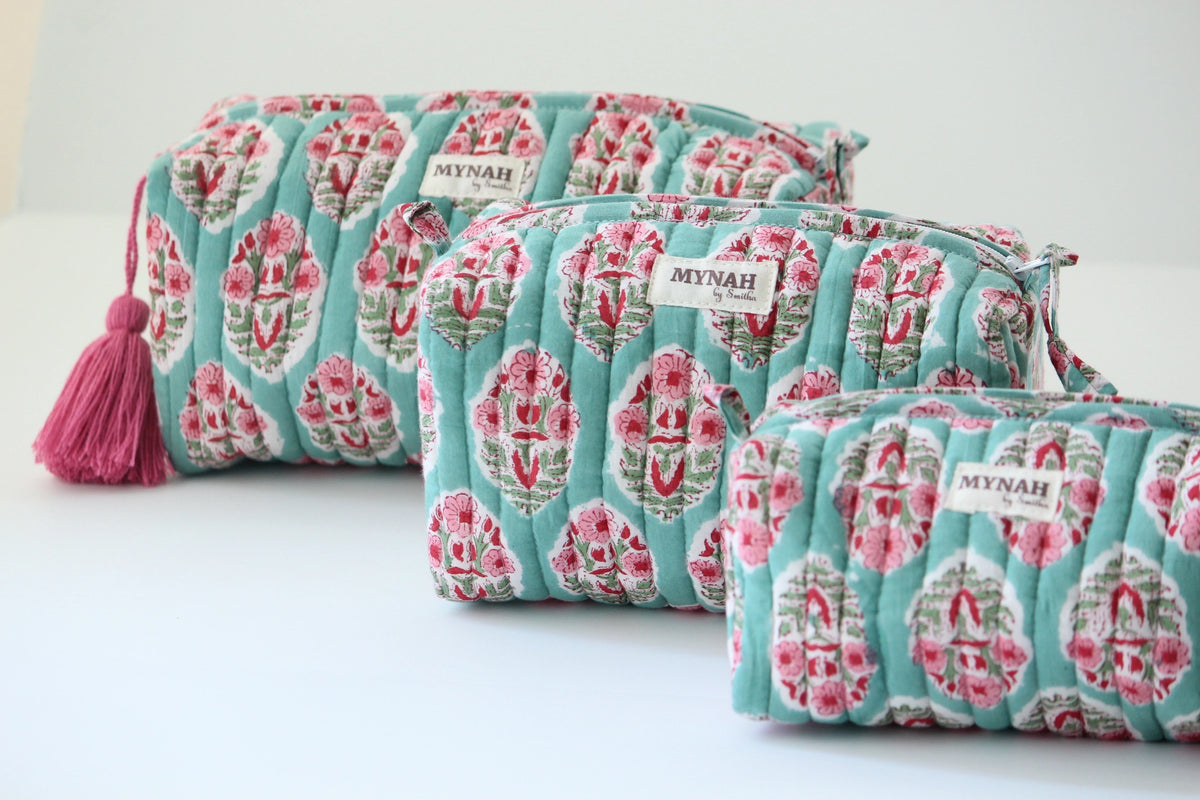MYNAHbySmitha Quilted Travel Bag in Turquoise Bouquet Print -Assorted Sizes