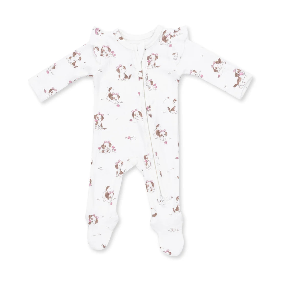 Angel Dear 2 Way Zipper Ruffle Sleeve Footie in Explorer Puppy Pink