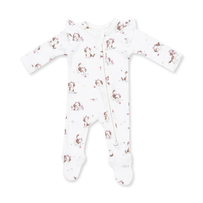 Angel Dear 2 Way Zipper Ruffle Sleeve Footie in Explorer Puppy Pink