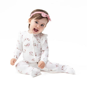 Angel Dear 2 Way Zipper Ruffle Sleeve Footie in Explorer Puppy Pink