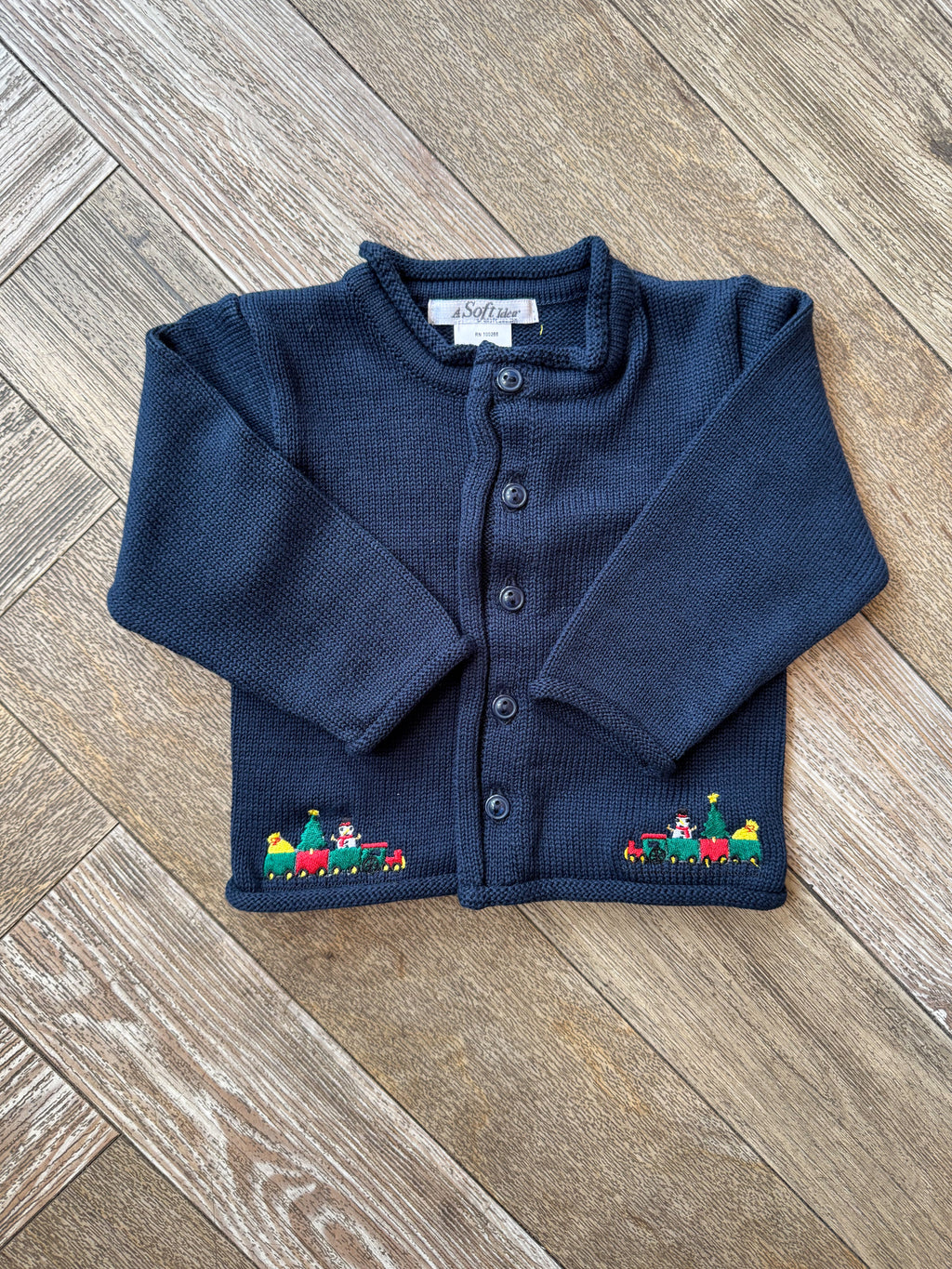 A Soft Idea Christmas Train Cardigan in Navy