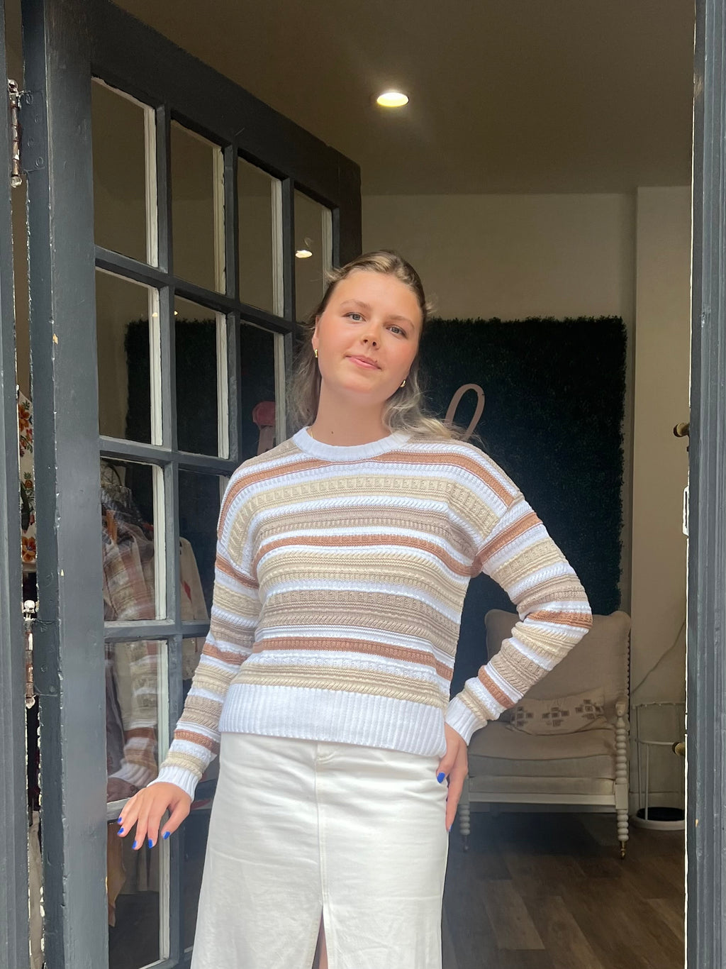 Autumn Cashmere Texture Stitch Stripe Crew in Bleach White Combo