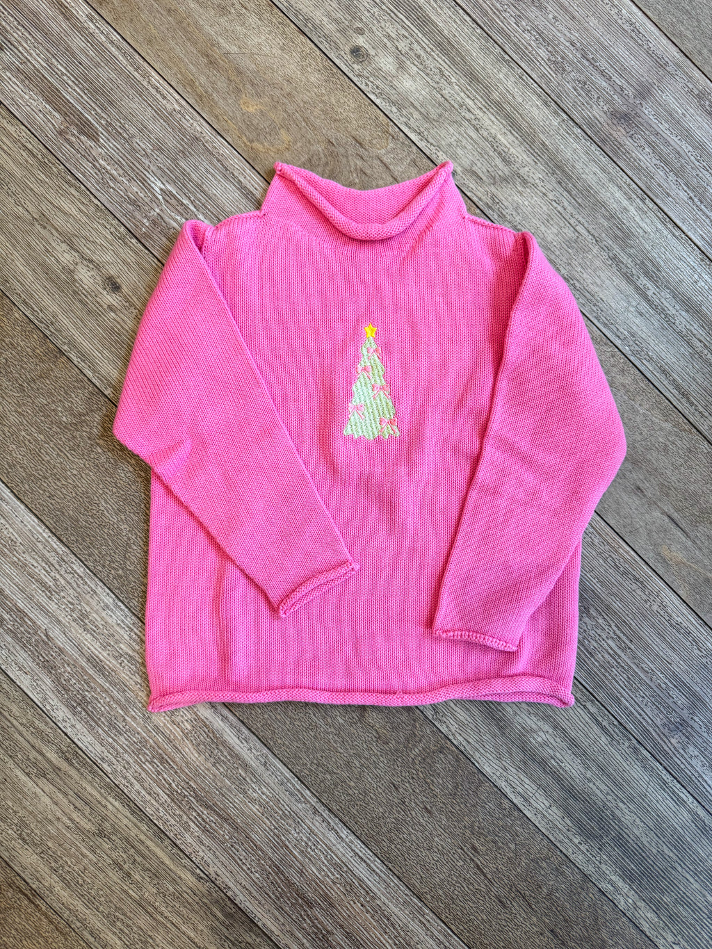 A Soft Idea Christmas Tree with Bows Roll Neck Sweater in Fuchsia