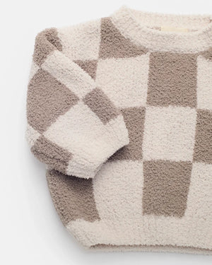 7AM Enfant Boxy Fuzzy Sweater in Ecru Checkers