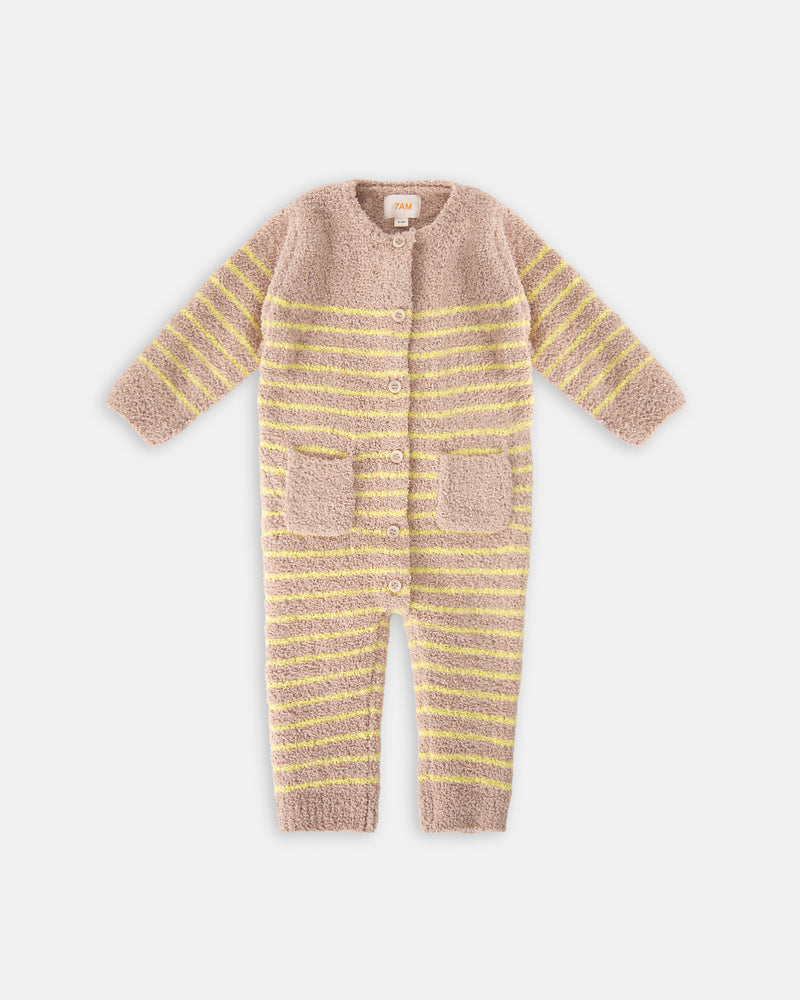 7AM Enfant Long Sleeve Fuzzy Striped Romoper in Pecan/Chartreuse