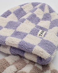 7am Enfant Fuzzy Checkered Ribbed Beanie in Ecru/Taro