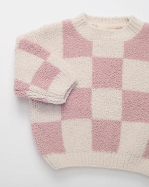 7AM Enfant Boxy Fuzzy Sweater in Ash Rose Checkers