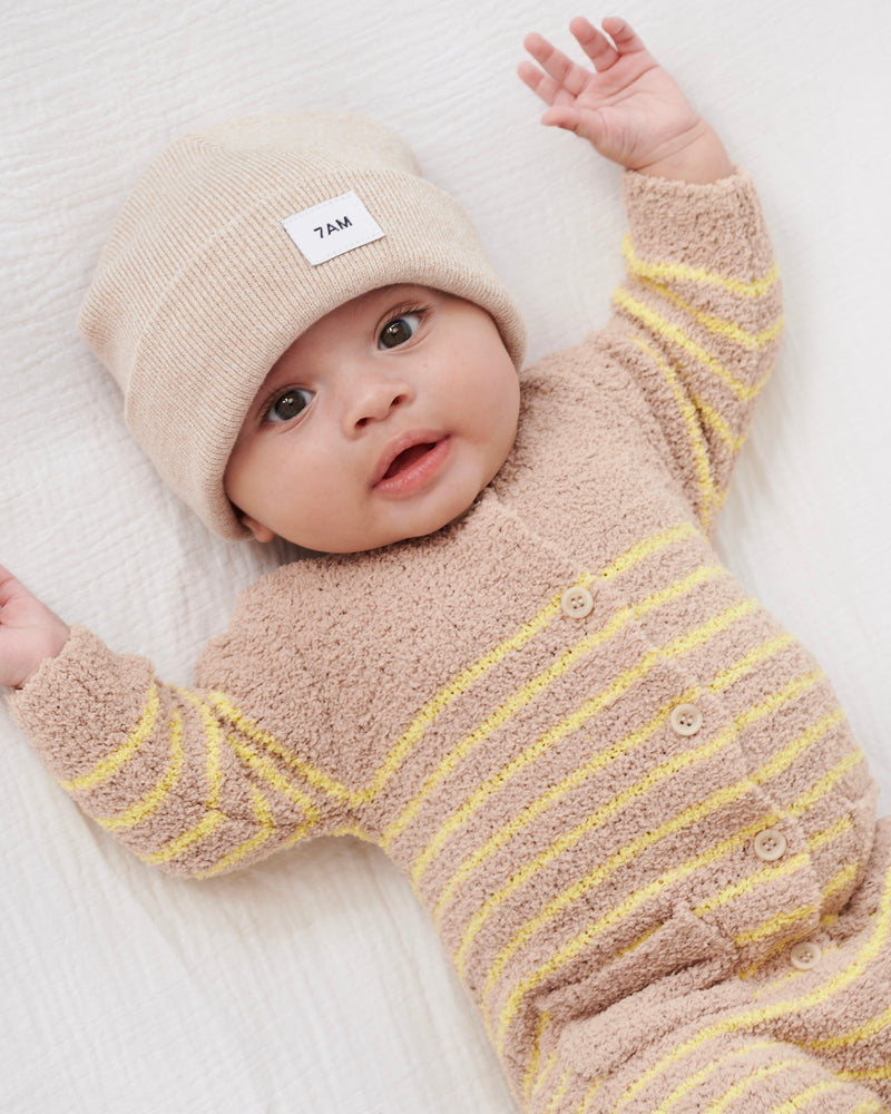 7AM Enfant Long Sleeve Fuzzy Striped Romoper in Pecan/Chartreuse