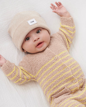 7AM Enfant Long Sleeve Fuzzy Striped Romoper in Pecan/Chartreuse