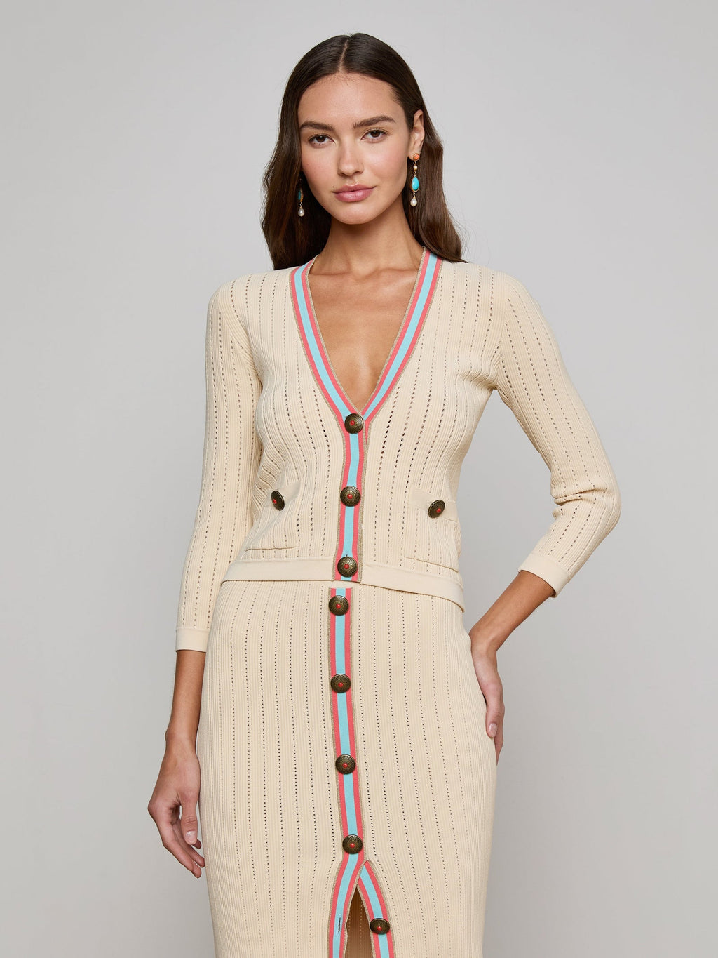 L'Agence Irvin Pointelle Cropped Cardigan in Ecru