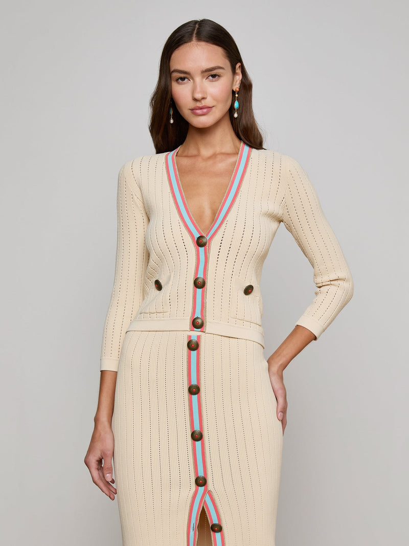 L'Agence Irvin Pointelle Cropped Cardigan in Ecru