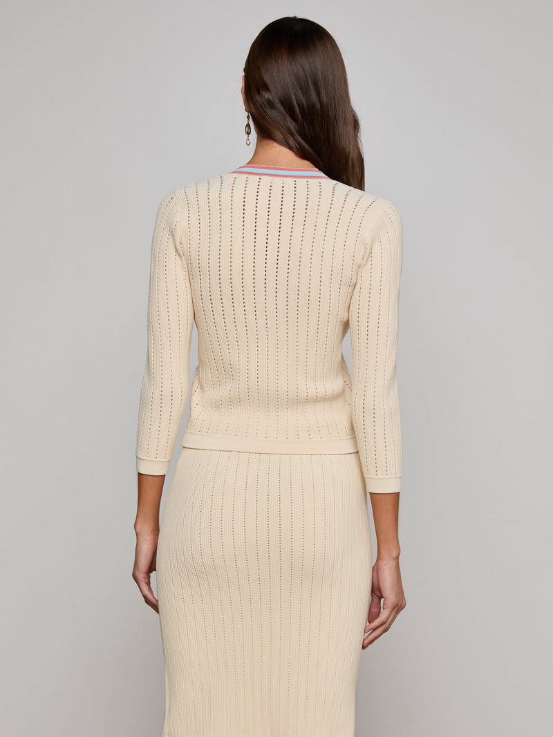 L'Agence Irvin Pointelle Cropped Cardigan in Ecru