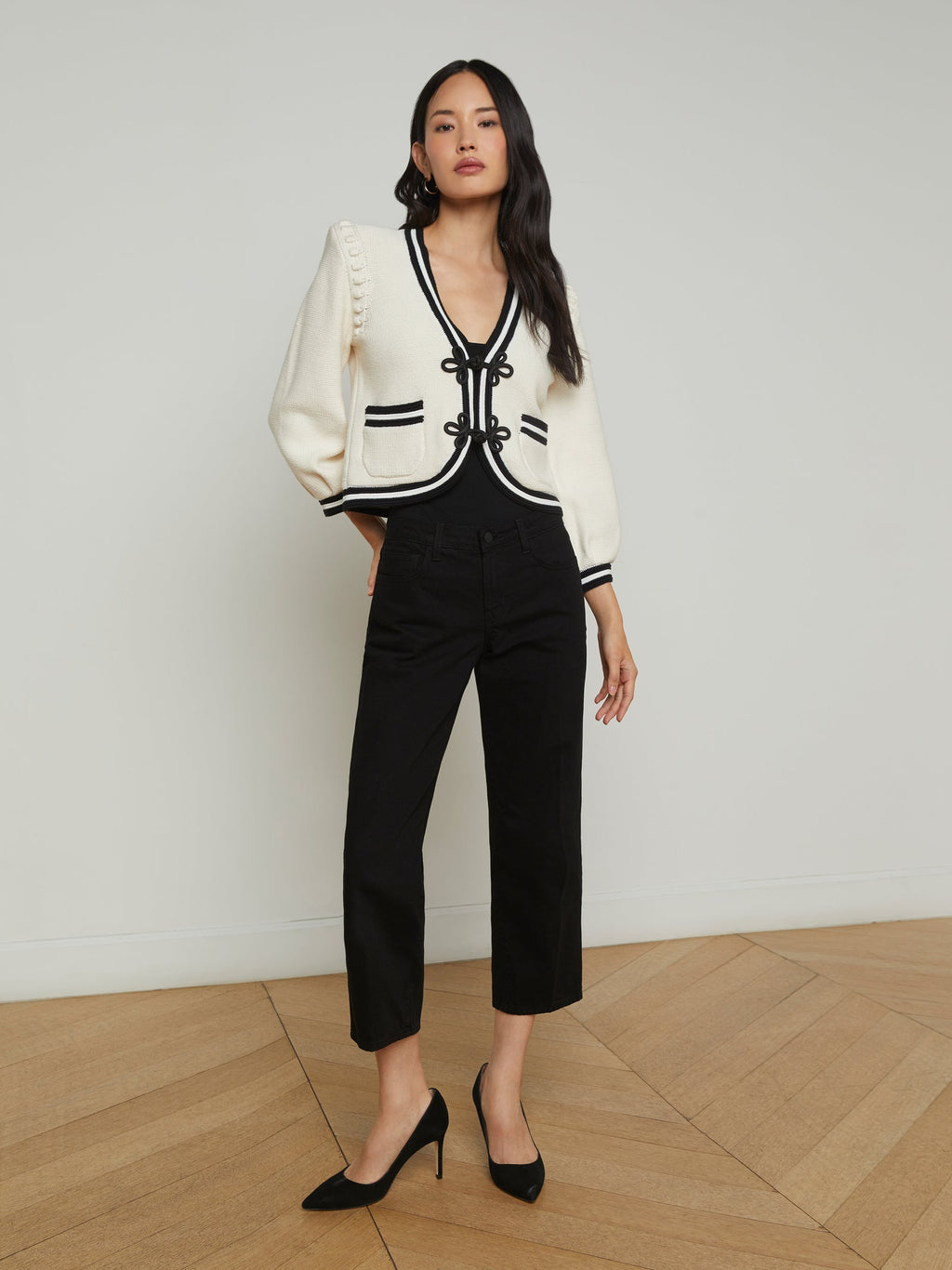 L'Agence Kaito Contrast Trim Cardigan in Ivory/Black