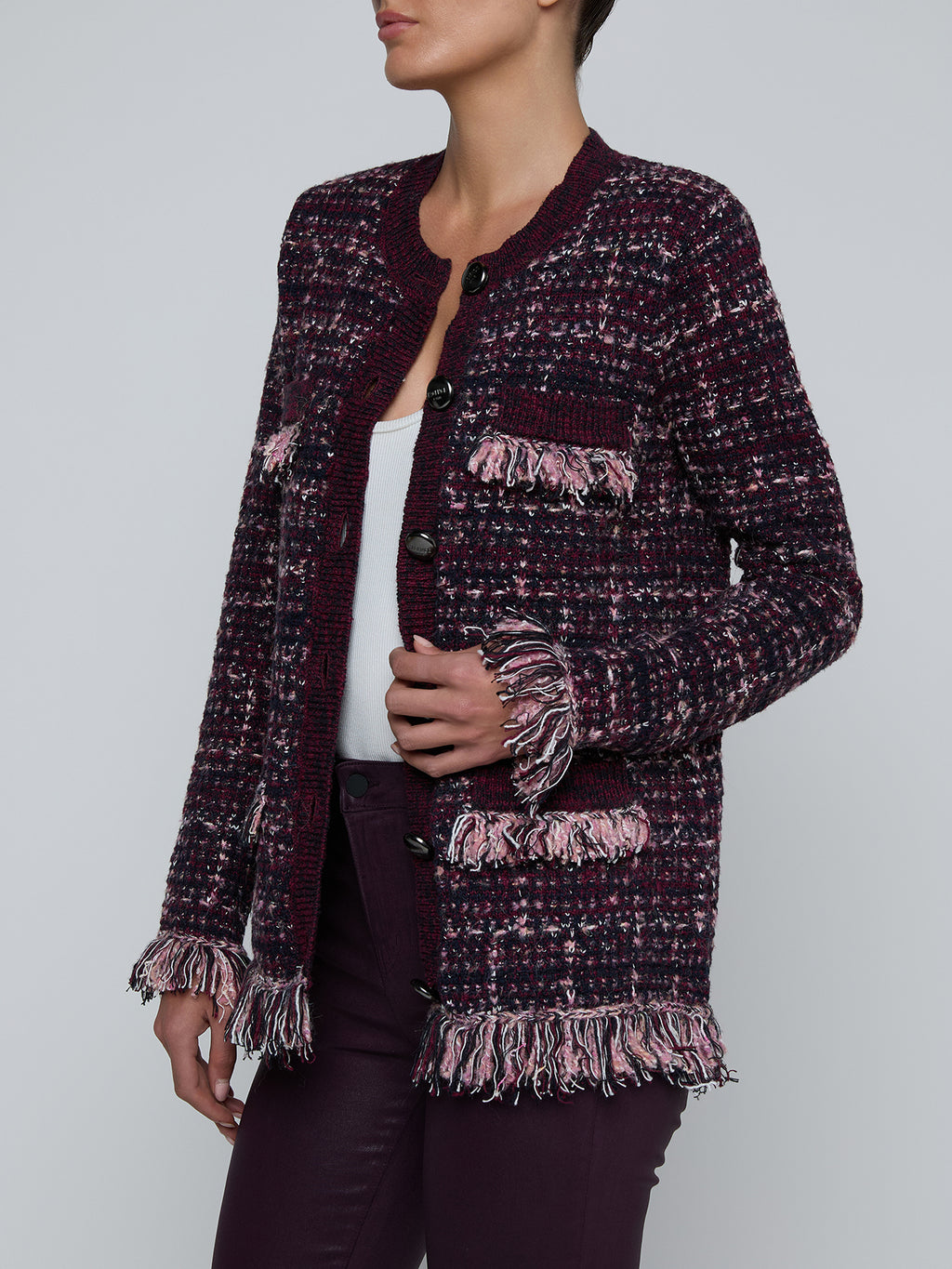 L'Agence Kastoria Fringe Trim Cardigan in Black/Malbec