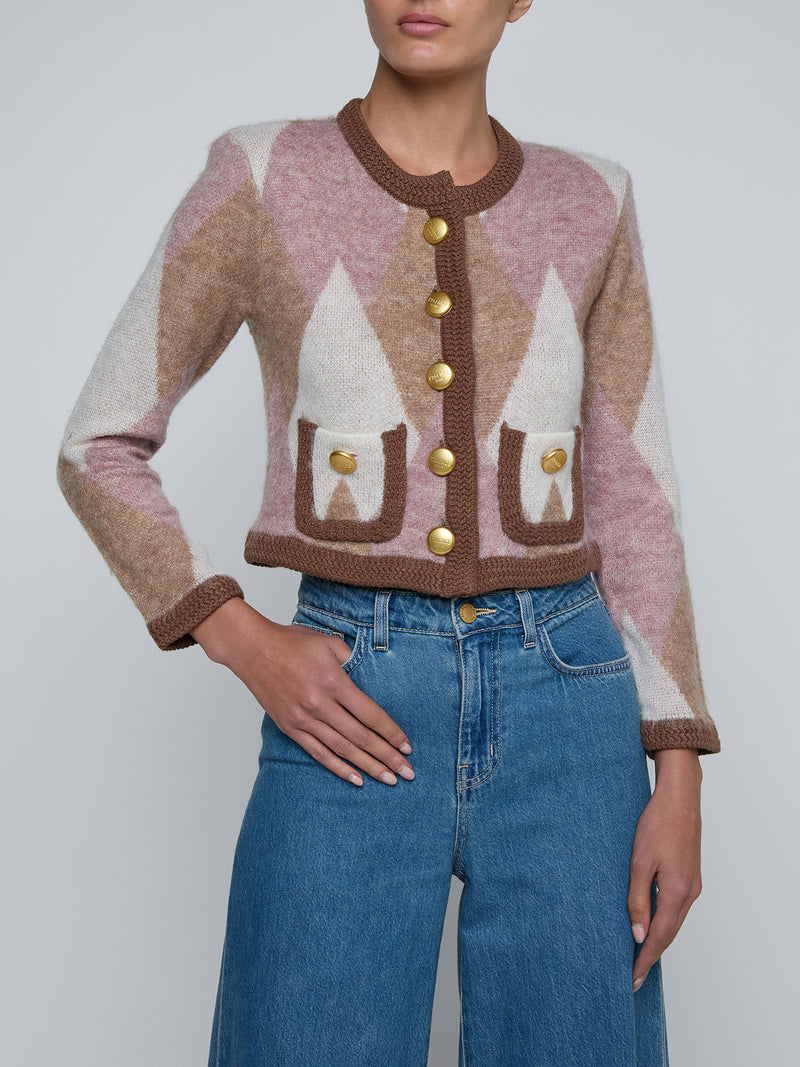 L'Agence Siobhan Fuzzy Argyle Cardigan in Natural/Mauve