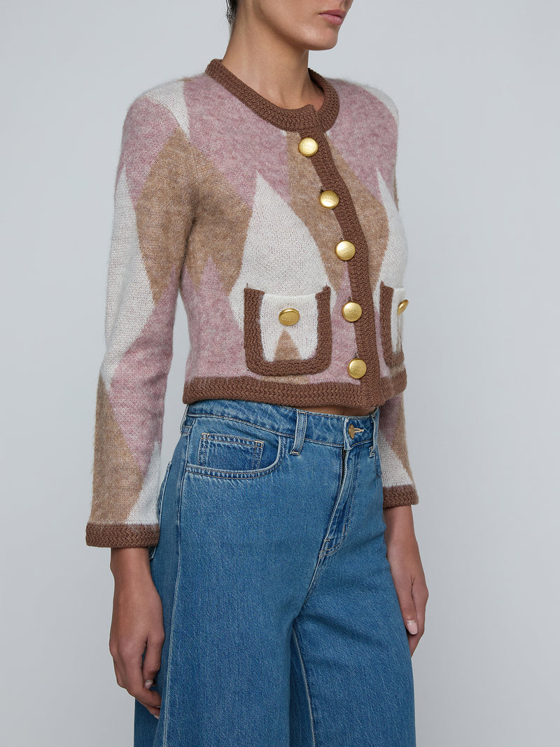 L'Agence Siobhan Fuzzy Argyle Cardigan in Natural/Mauve