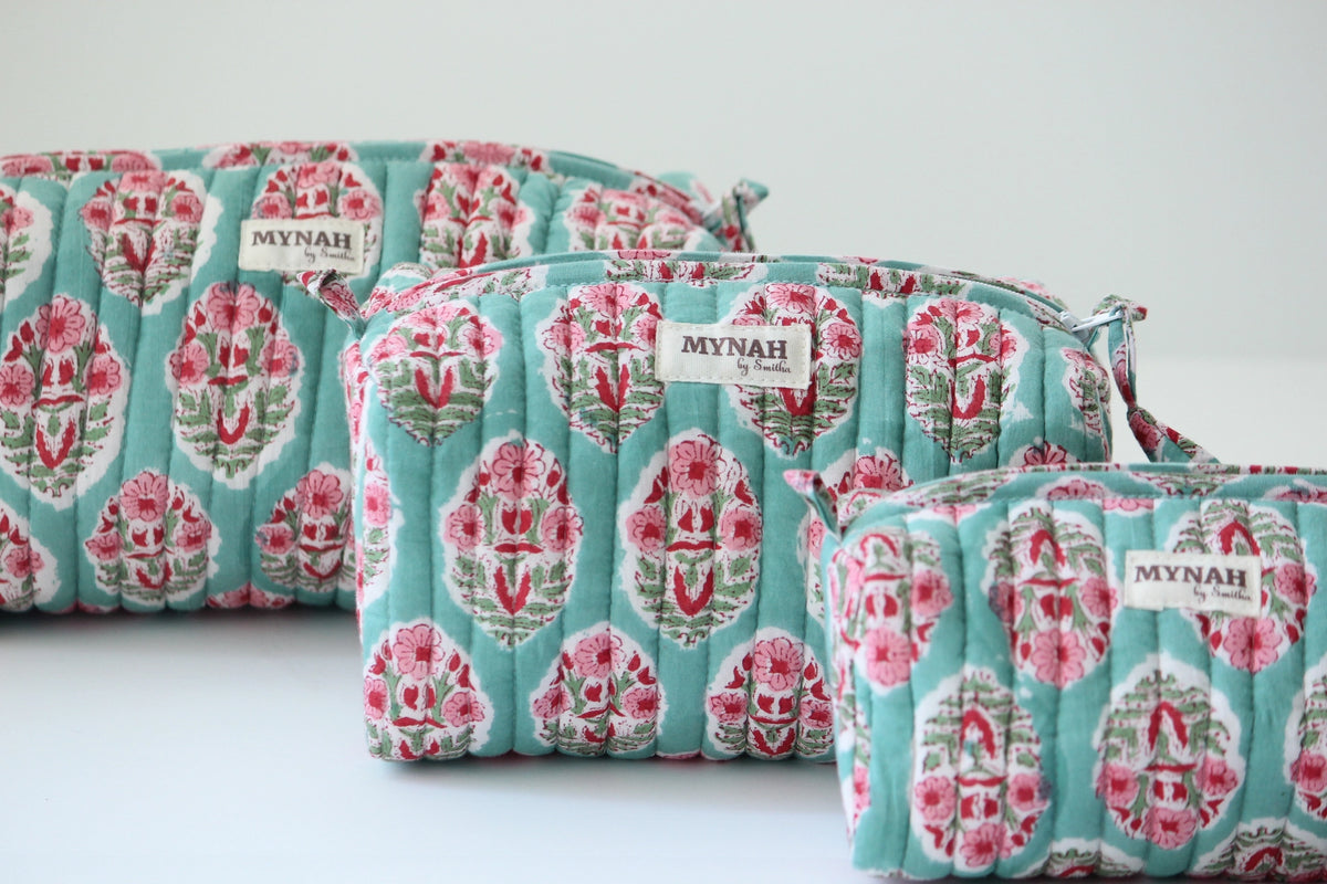 MYNAHbySmitha Quilted Travel Bag in Turquoise Bouquet Print -Assorted Sizes